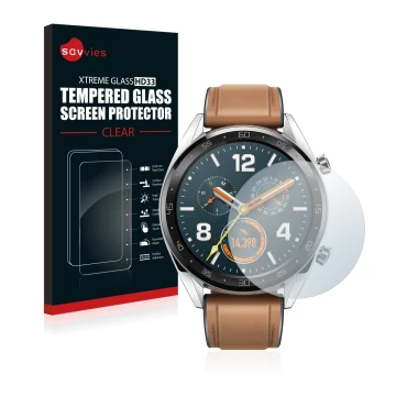 Front side of a product packaging with the brand logo Savvies. Next to it is the device Huawei Watch GT Classic shown with the