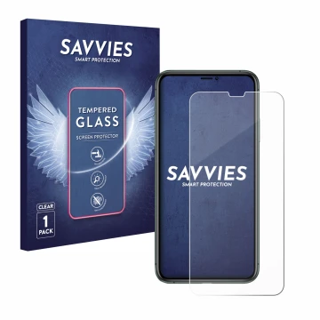 Front side of a product packaging with the brand logo Savvies. Next to it is the device Apple iPhone 11 Pro Max shown with the
