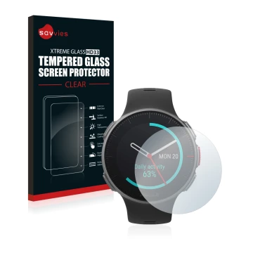 Front side of a product packaging with the brand logo Savvies. Next to it is the device Polar Vantage V Titan shown with the c