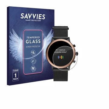 Front side of a product packaging with the brand logo Savvies. Next to it is the device Fossil Julianna HR (5.Gen) shown with 