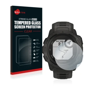 Front side of a product packaging with the brand logo Savvies. Next to it is the device Garmin Instinct Tactical Edition shown