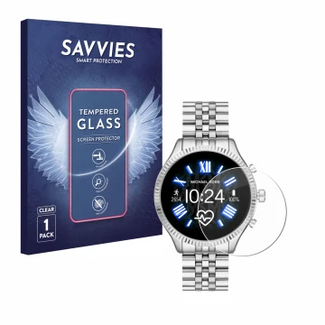 Front side of a product packaging with the brand logo Savvies. Next to it is the device Michael Kors Access Lexington 2 shown 