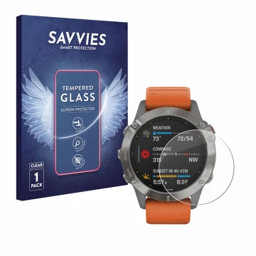 Front side of a product packaging with the brand logo Savvies. Next to it is the device Garmin Fenix 6 shown with the correspo
