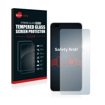 Front side of a product packaging with the brand logo Savvies. Next to it is the device Huawei P40 shown with the correspondin