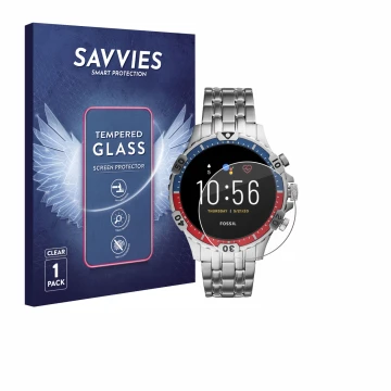 Front side of a product packaging with the brand logo Savvies. Next to it is the device Fossil Garrett HR (5. Gen) shown with 
