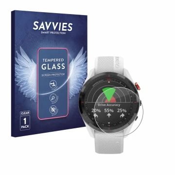 Front side of a product packaging with the brand logo Savvies. Next to it is the device Garmin Approach S62 shown with the cor