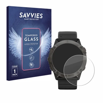 Front side of a product packaging with the brand logo Savvies. Next to it is the device Garmin Fenix 6X Pro Solar shown with t