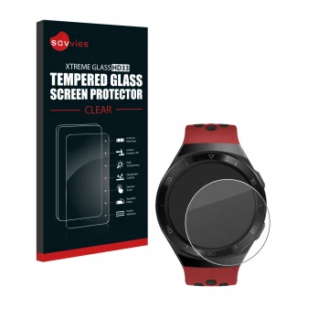 Front side of a product packaging with the brand logo Savvies. Next to it is the device Huawei Watch GT 2e shown with the corr