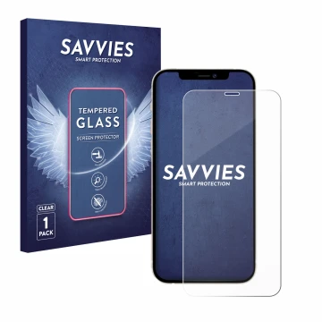 Front side of a product packaging with the brand logo Savvies. Next to it is the device Apple iPhone 12 Pro shown with the cor