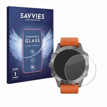 Front side of a product packaging with the brand logo Savvies. Next to it is the device Garmin Fenix 6 Pro Solar shown with th