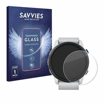 Front side of a product packaging with the brand logo Savvies. Next to it is the device Garmin Forerunner 745 shown with the c