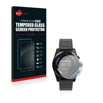 Front side of a product packaging with the brand logo Savvies. Next to it is the device Montblanc Summit Lite shown with the c