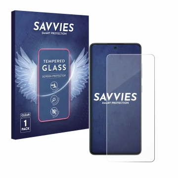 Front side of a product packaging with the brand logo Savvies. Next to it is the device Samsung Galaxy A52 5G shown with the c