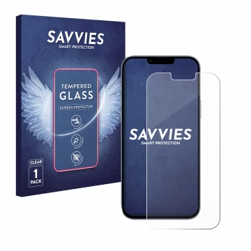 Front side of a product packaging with the brand logo Savvies. Next to it is the device Apple iPhone 13 Pro Max shown with the