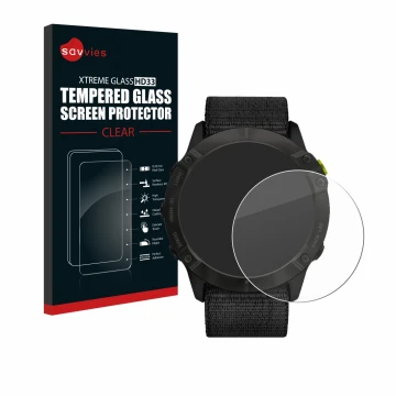 Front side of a product packaging with the brand logo Savvies. Next to it is the device Garmin Enduro shown with the correspon