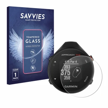 Front side of a product packaging with the brand logo Savvies. Next to it is the device Garmin Approach G12 shown with the cor