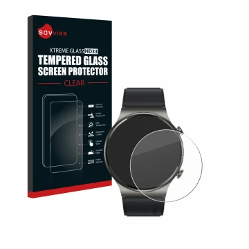 Front side of a product packaging with the brand logo Savvies. Next to it is the device Huawei Watch GT 2 Pro ECG shown with t