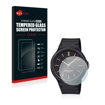 Front side of a product packaging with the brand logo Savvies. Next to it is the device Casio Unisex MW-240 shown with the cor