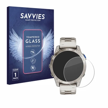 Front side of a product packaging with the brand logo Savvies. Next to it is the device Garmin D2 Mach 1 shown with the corres