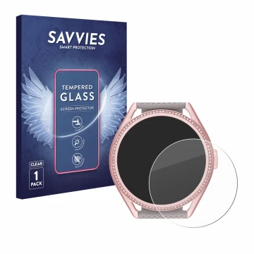 Front side of a product packaging with the brand logo Savvies. Next to it is the device Michael Kors Access MKGO Gen 5E MKT 51