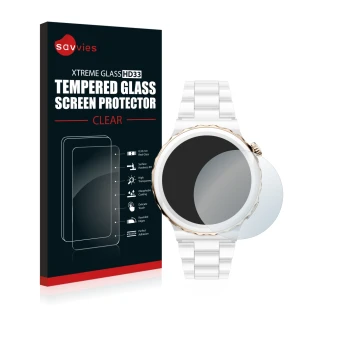 Front side of a product packaging with the brand logo Savvies. Next to it is the device Huawei Watch GT 3 Pro Ceramic (43mm) s