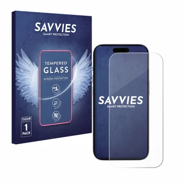 Front side of a product packaging with the brand logo Savvies. Next to it is the device Apple iPhone 14 Pro shown with the cor