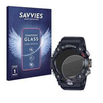 Front side of a product packaging with the brand logo Savvies. Next to it is the device Casio G-Shock Mudmaster GG-B100-1AER s