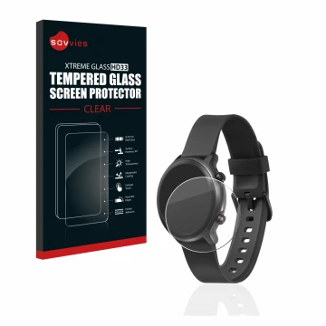 Front side of a product packaging with the brand logo Savvies. Next to it is the device Doro Watch shown with the correspondin