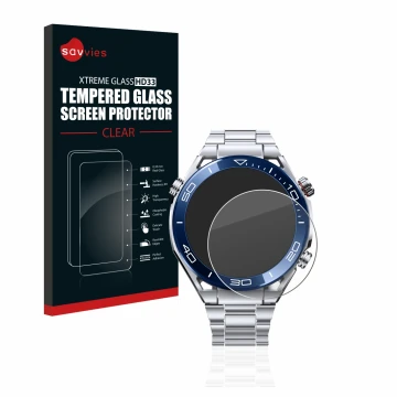 Front side of a product packaging with the brand logo Savvies. Next to it is the device Huawei Watch Ultimate (48.5 mm) shown 