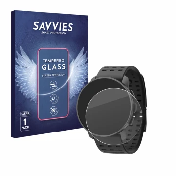 Front side of a product packaging with the brand logo Savvies. Next to it is the device Suunto 9 Peak Pro shown with the corre