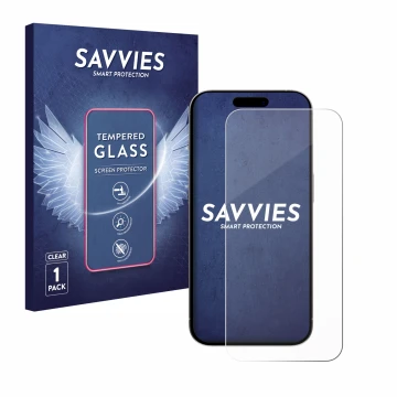 Front side of a product packaging with the brand logo Savvies. Next to it is the device Apple iPhone 15 Pro shown with the cor