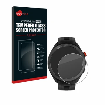 Front side of a product packaging with the brand logo Savvies. Next to it is the device Garmin Approach S70 (47 mm) shown with