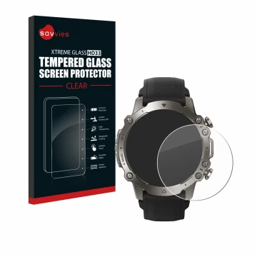 Front side of a product packaging with the brand logo Savvies. Next to it is the device Huami Amazfit Falcon shown with the co