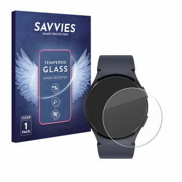Front side of a product packaging with the brand logo Savvies. Next to it is the device Samsung Galaxy Watch 6 (44 mm) shown w