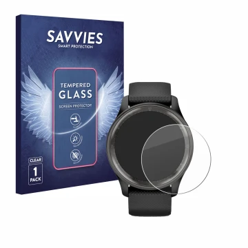 Front side of a product packaging with the brand logo Savvies. Next to it is the device Garmin Vivomove Trend shown with the c
