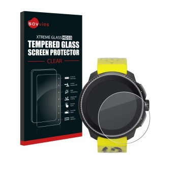 Front side of a product packaging with the brand logo Savvies. Next to it is the device Suunto Race shown with the correspondi