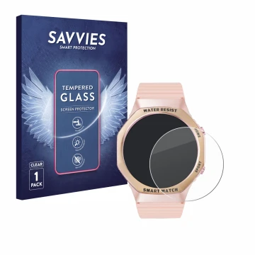 Front side of a product packaging with the brand logo Savvies. Next to it is the device Mutoy Smartwatch 1.32
