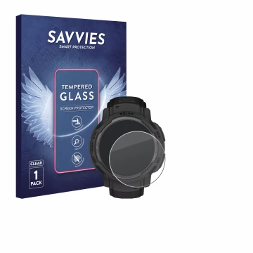 Front side of a product packaging with the brand logo Savvies. Next to it is the device Garmin Instinct Crossover Solar shown 