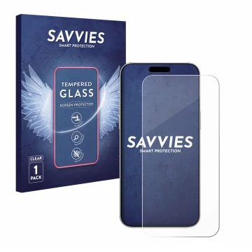 Front side of a product packaging with the brand logo Savvies. Next to it is the device Apple iPhone 16 shown with the corresp