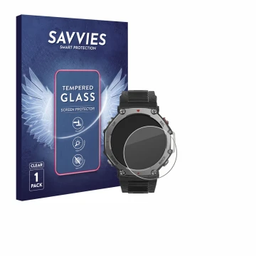Front side of a product packaging with the brand logo Savvies. Next to it is the device Huami Amazfit T-Rex 3 shown with the c
