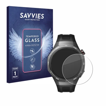 Front side of a product packaging with the brand logo Savvies. Next to it is the device Huawei Watch GT 5 Pro (46 mm) shown wi