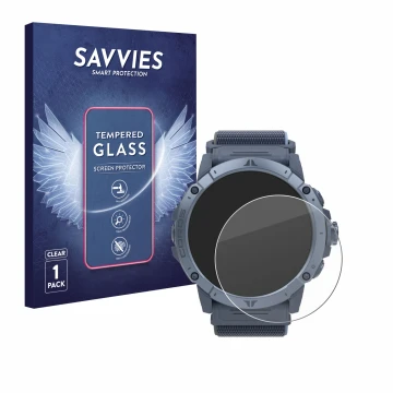 Front side of a product packaging with the brand logo Savvies. Next to it is the device Coros Vertix 2S shown with the corresp