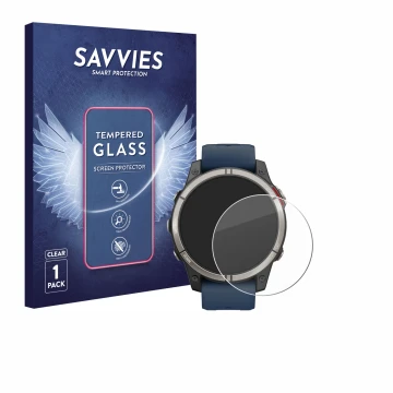 Front side of a product packaging with the brand logo Savvies. Next to it is the device Garmin quatix 7 Pro shown with the cor