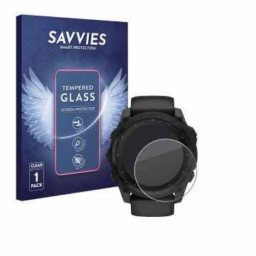 Front side of a product packaging with the brand logo Savvies. Next to it is the device Garmin Tactix 8 Solar (51 mm) shown wi