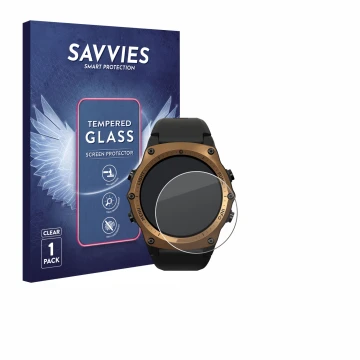 Front side of a product packaging with the brand logo Savvies. Next to it is the device Shearwater Teric dive computer shown w