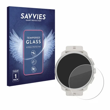 Front side of a product packaging with the brand logo Savvies. Next to it is the device Suunto Race 2 shown with the correspon