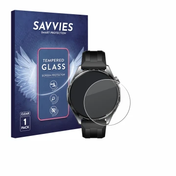Front side of a product packaging with the brand logo Savvies. Next to it is the device Huawei Watch GT 6 (46 mm) shown with t