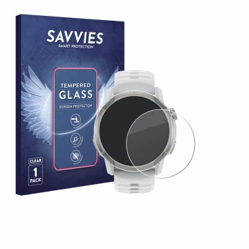 Front side of a product packaging with the brand logo Savvies. Next to it is the device Coros Apex 4 (46 mm) shown with the co