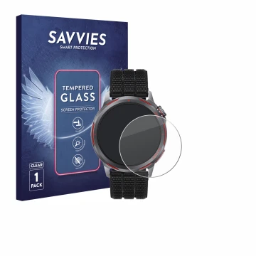 Front side of a product packaging with the brand logo Savvies. Next to it is the device Huawei Watch GT Runner 2 shown with th