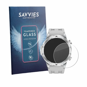 Front side of a product packaging with the brand logo Savvies. Next to it is the device FitVigor Smartwatch 1.53